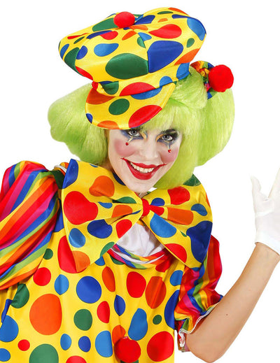 Béret de clown pour adulte jaune à pois multicolores