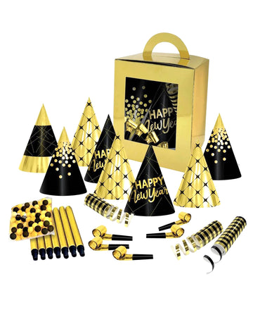 Szilveszteri konfettis doboz 10 főre, fekete és arany 