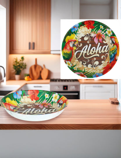 Bol Aloha Hawaï pour fête multicolore avec motifs de perroquets et fleurs tropicales