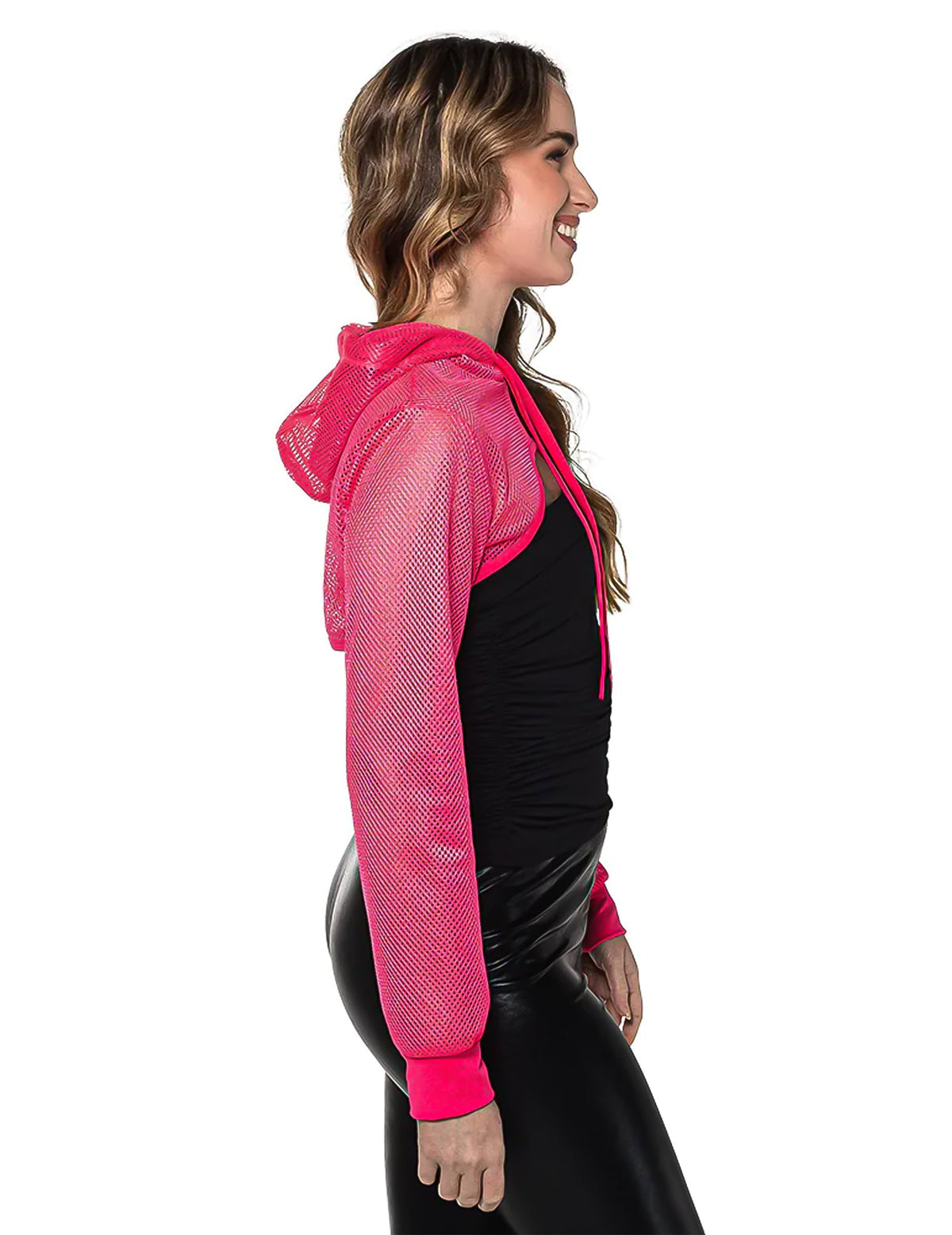 Vue de profil du boléro en résille pour femme rose fluo