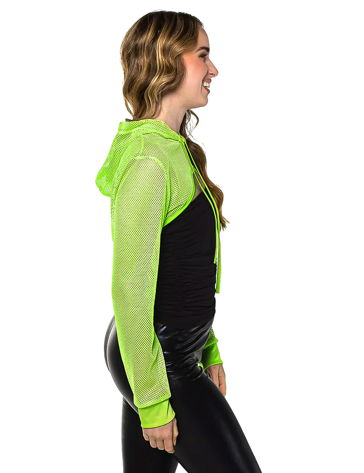 Vue de profil du boléro en résille pour femme vert fluo à capuche