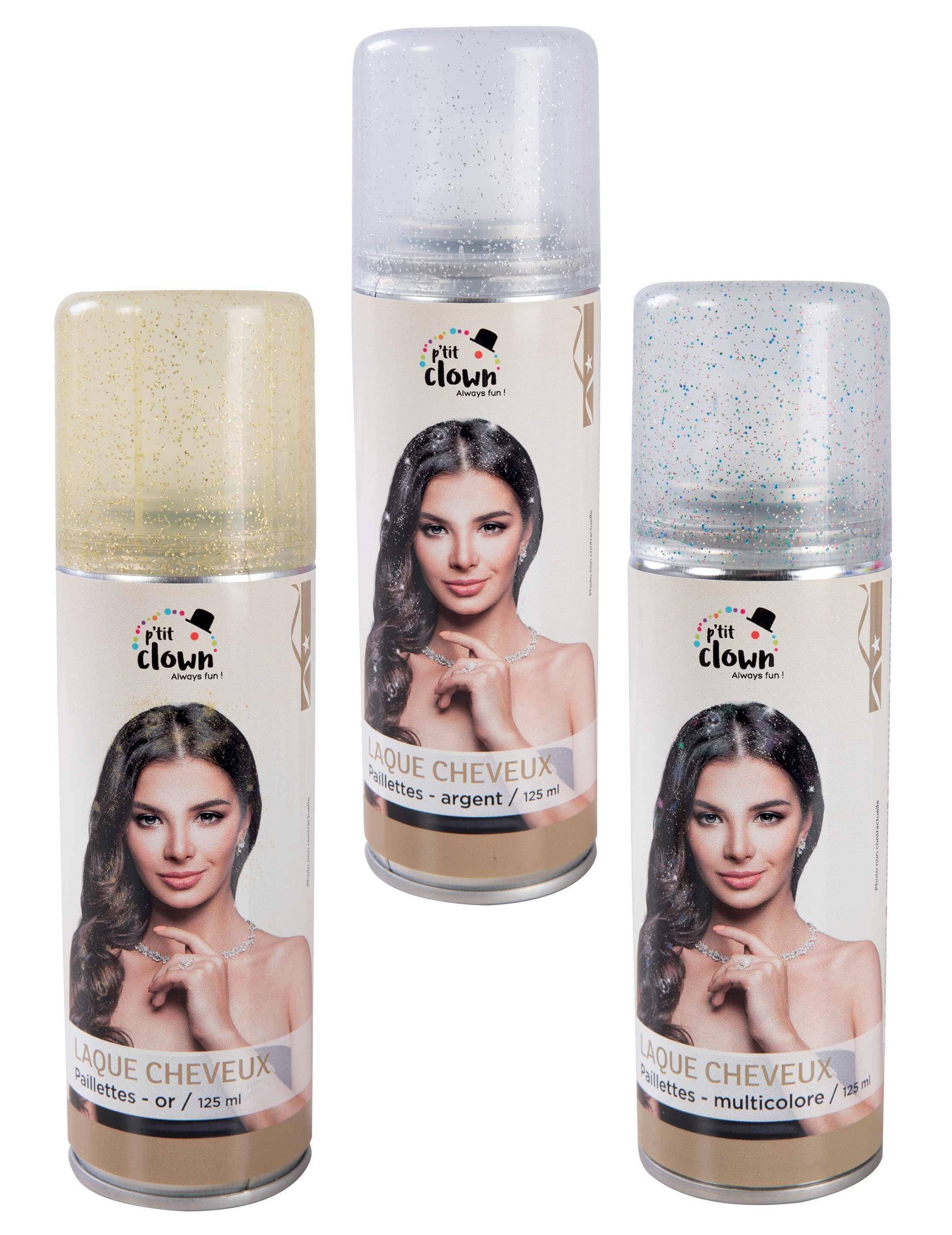 Bombe laque pour cheveux pailletés pour adulte or argent et multicolore