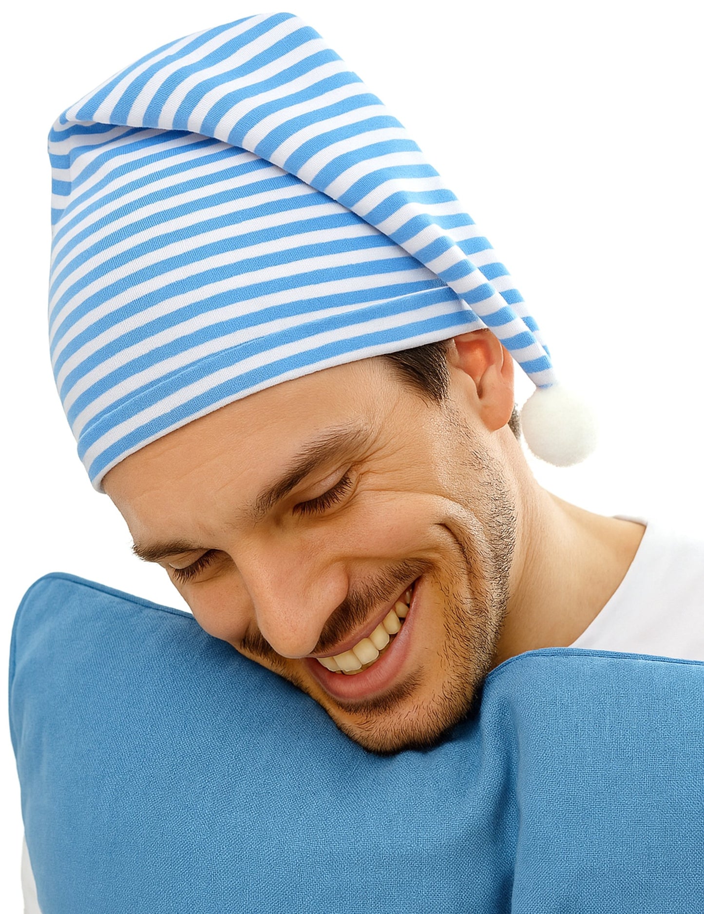 Kék és fehér kalap felnőtt pompommal