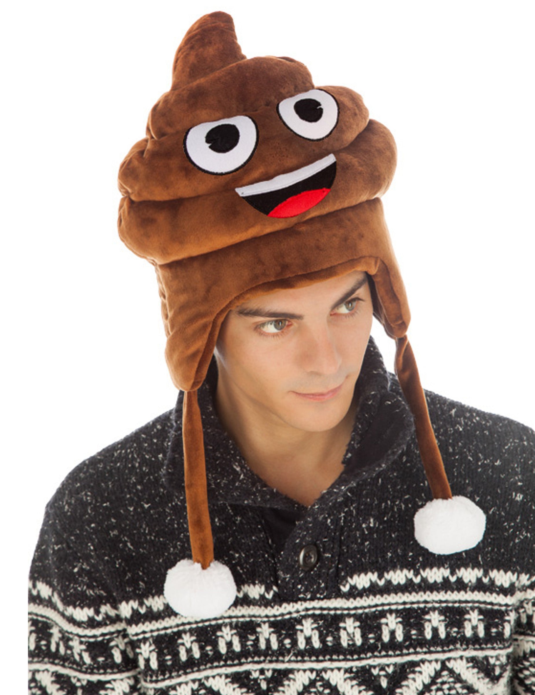 Bonnet crotte Emoji™ pour adulte marron avec pompons blancs