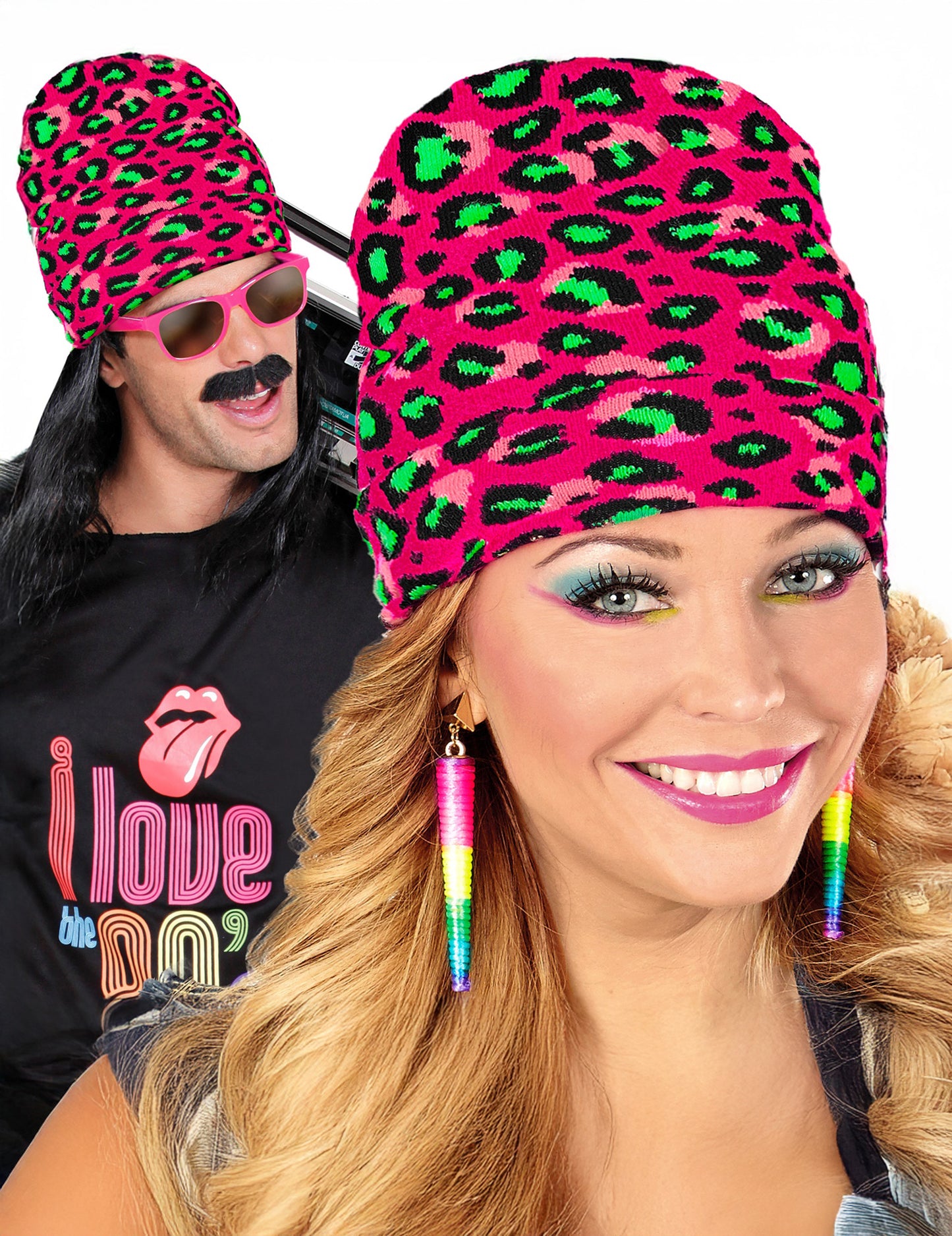 Rózsaszín és neon zöld leopárd sapka felnőtteknek 