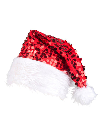 Profil nézet a piros, flitteres felnőtt Mikulás sapkáról