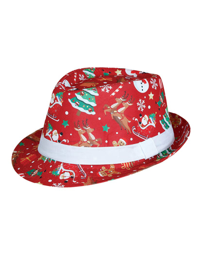 Borsalino à motifs de Noël pour adulte rouge avec ruban blanc
