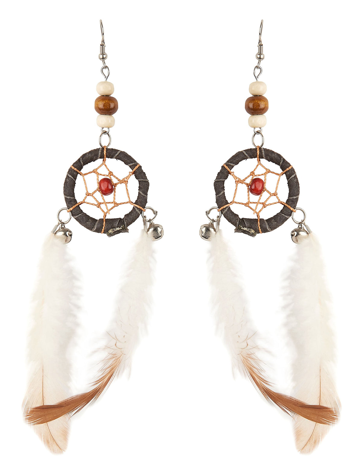 Boucles d'oreilles attrape-rêves pour adulte avec plumes blanches et marron