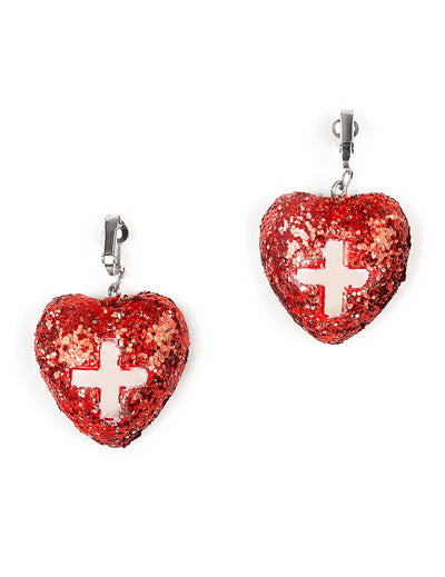 Boucles d'oreilles infirmière pour femme rouges pailletées en forme de cœur avec croix blanche
