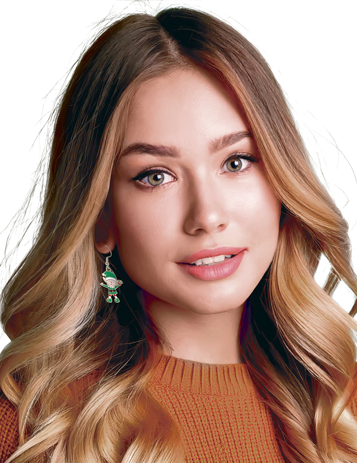 Gros plan sur les boucles d'oreilles métalliques lutins de Noël