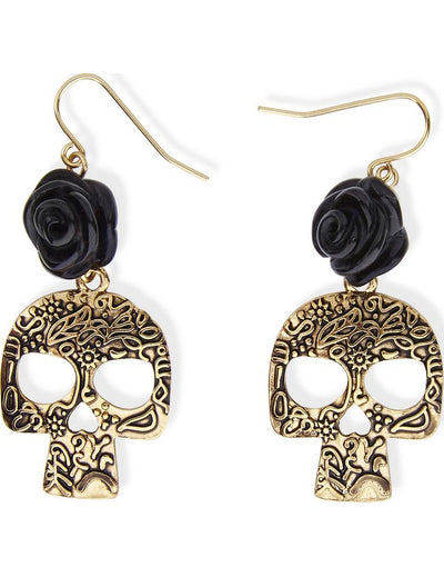 Boucles d'oreilles squelette pour adulte doré et noir avec rose