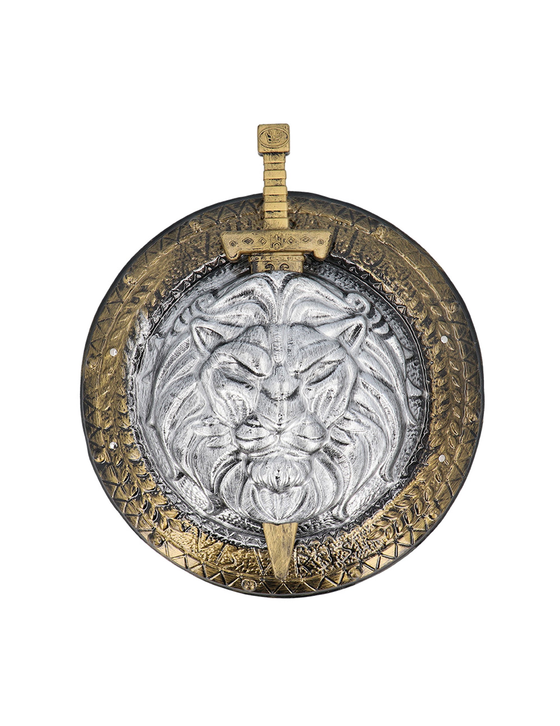 Bouclier et épée de combat gladiateur pour adulte argenté et doré avec tête de lion