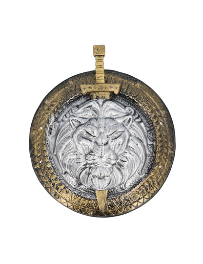 Bouclier et épée de combat gladiateur pour adulte argenté et doré avec tête de lion