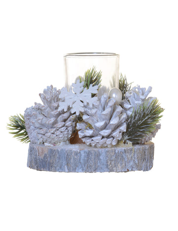 Matt fenyőtoboz gyertyatartó egy rönkön 15 cm sarki dekoráció