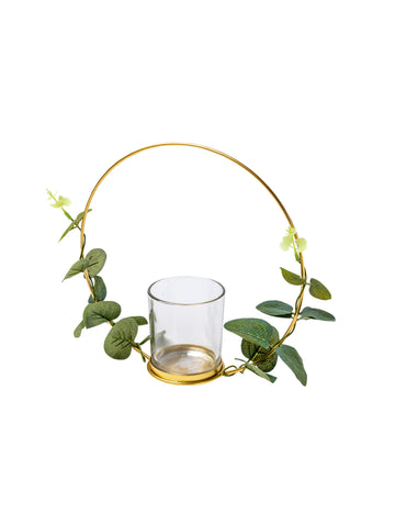 Fém gyertyatartó, eukaliptusz mintával, arany szegéllyel 22 cm felakasztani