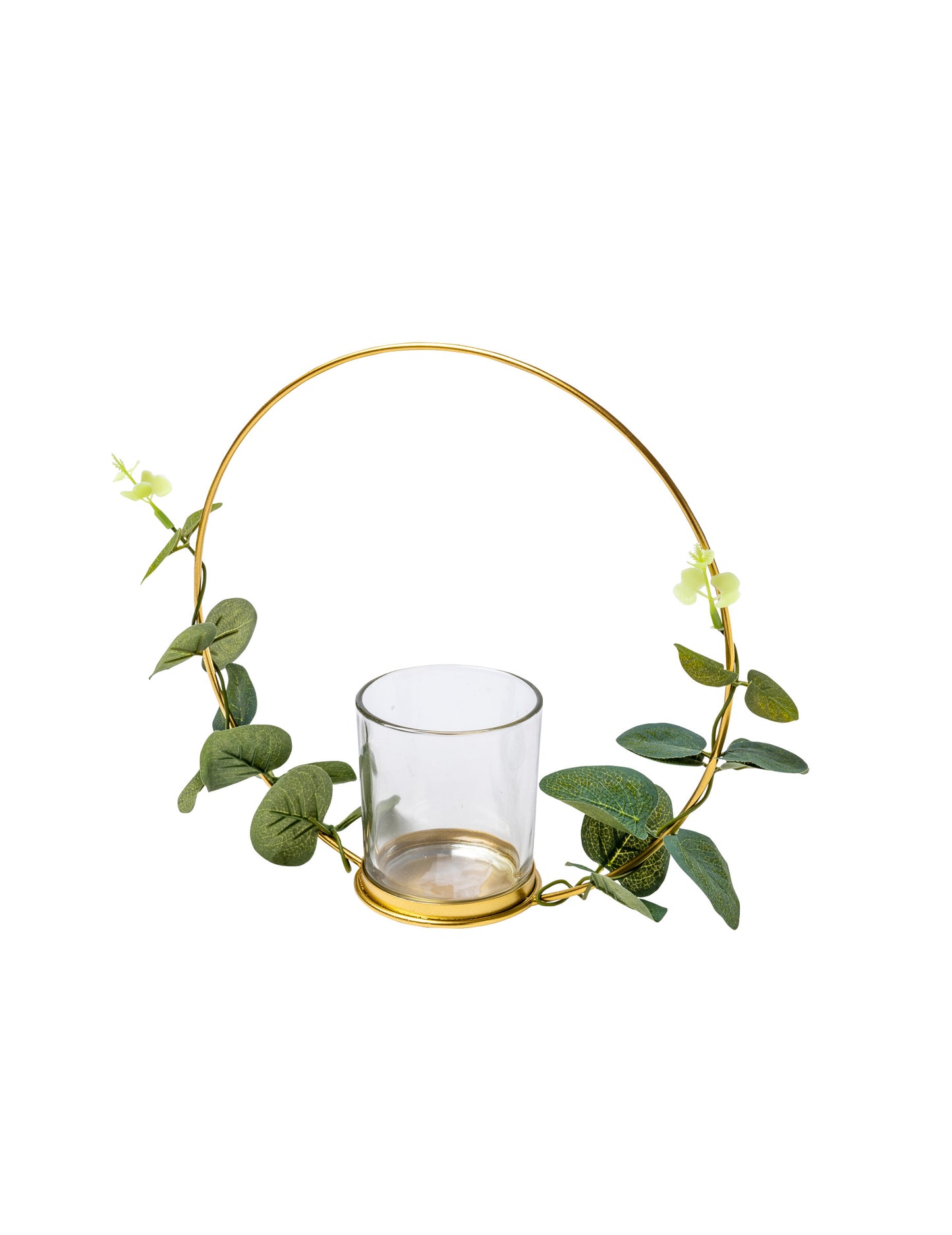 Bougeoir en métal photophore eucalyptus sur cercle or 22 cm à suspendre