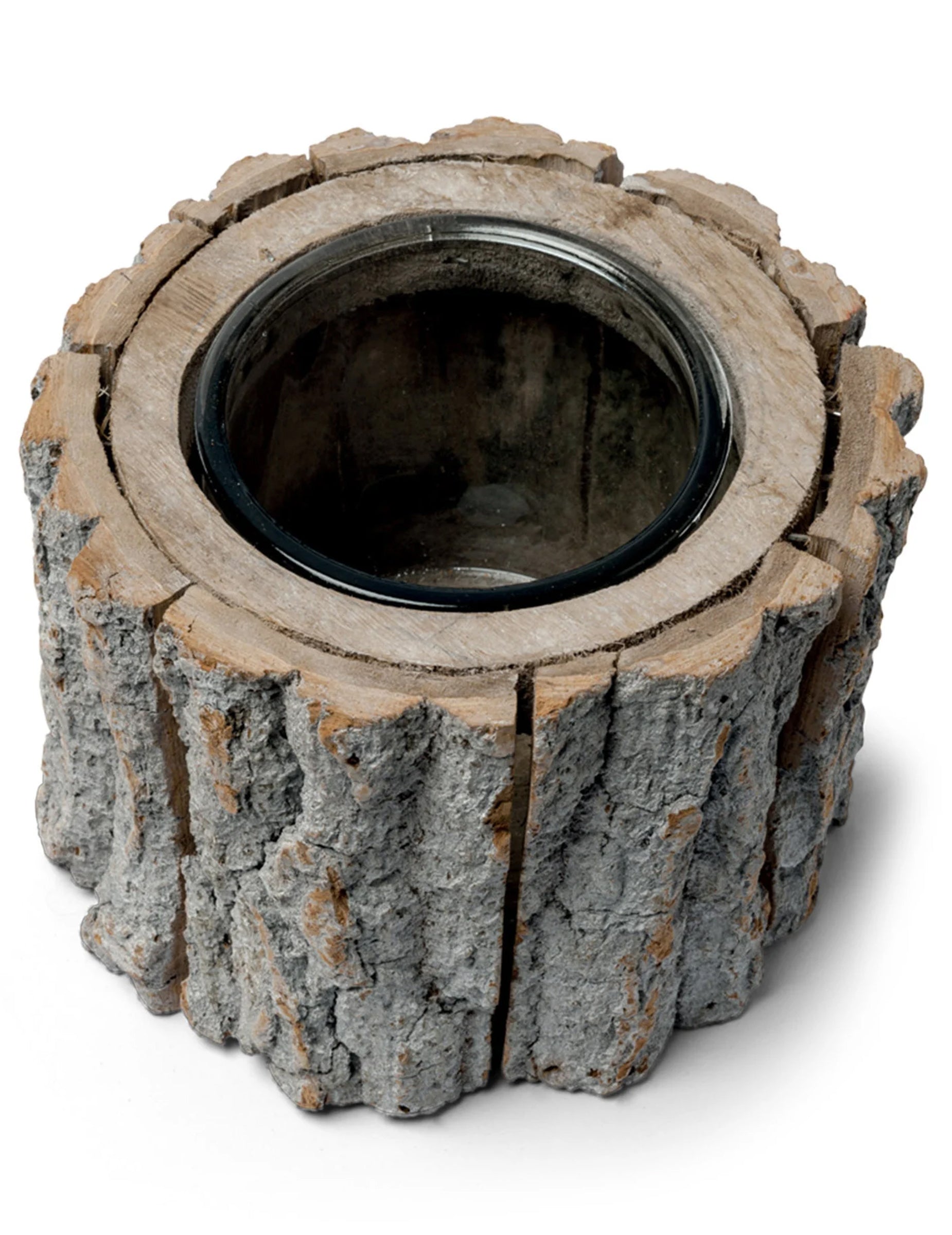 Bougeoir rondin de bois pour décoration aspect écorce naturelle marron avec verre