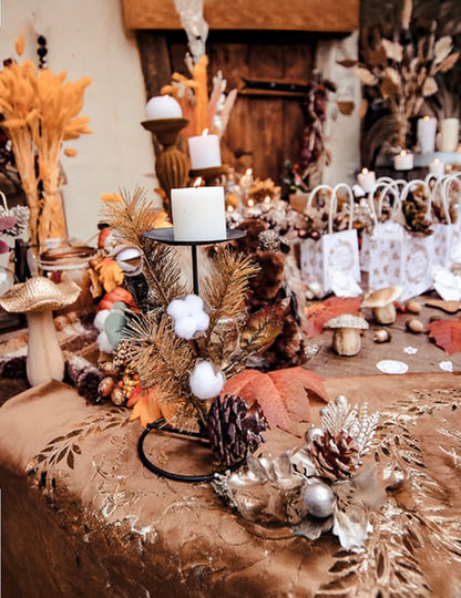 Növényi gyertyatartó pamutvirágokkal és arany csillámporral 20 cm fém