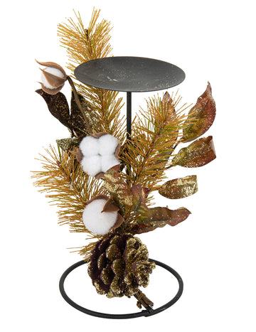 Növényi gyertyatartó pamutvirágokkal és arany csillámporral 20 cm fém