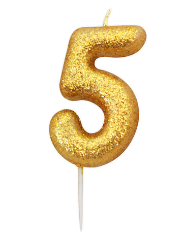 Csillámos arany 5-ös számú gyertya 8,5 cm 