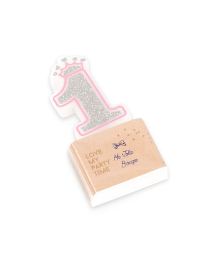 Bougie d'anniversaire chiffre 1 princesse pour enfant rose et argentée pailletée