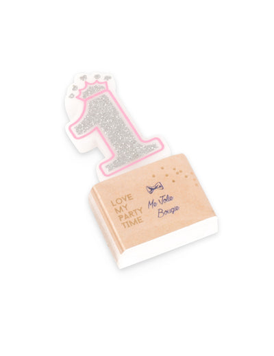 Bougie d'anniversaire chiffre 1 princesse pour enfant rose et argentée pailletée