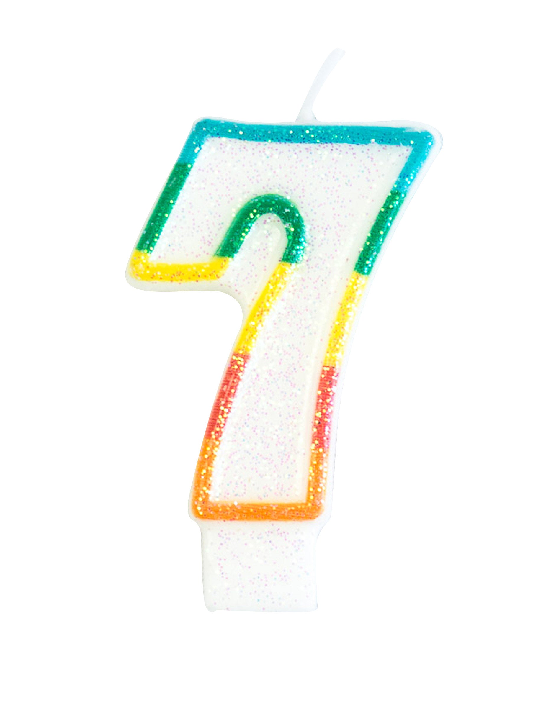 Bougie d'anniversaire chiffre 7 blanche pailletée avec liseré arc-en-ciel
