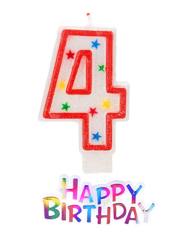 Csillagos, csillámporos 4-es számú gyertya happy birthday felirattal 