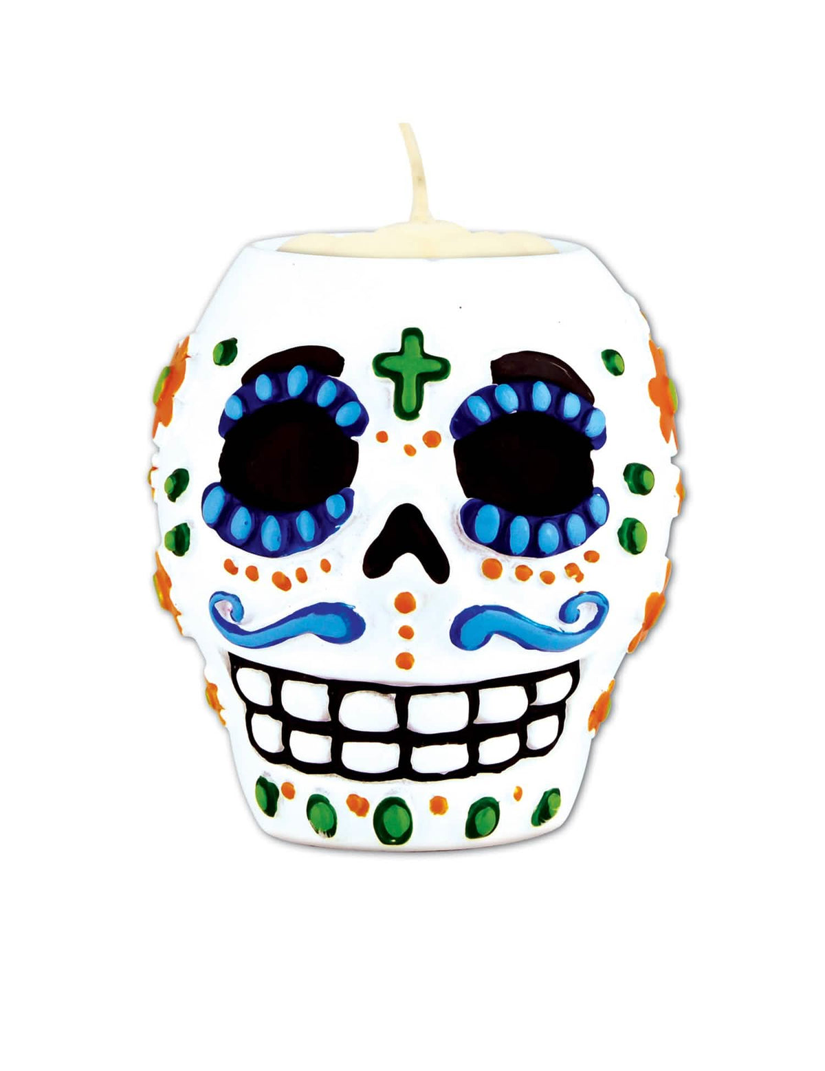 Koponyás gyertyatartó Día de los Muertos partihoz, fehér, színes mintákkal