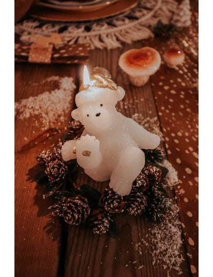 Fehér és arany színű mackós gyertya 10 cm karácsonyi