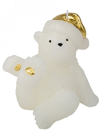 Fehér és arany színű mackós gyertya 10 cm karácsonyi