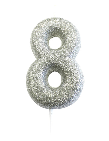 Ezüst csillogó 8-as számú gyertya pálcikán 7 cm születésnapi tortához