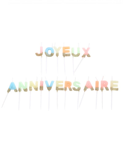 Bougies Joyeux anniversaire pour gâteau multicolores et paillettes or