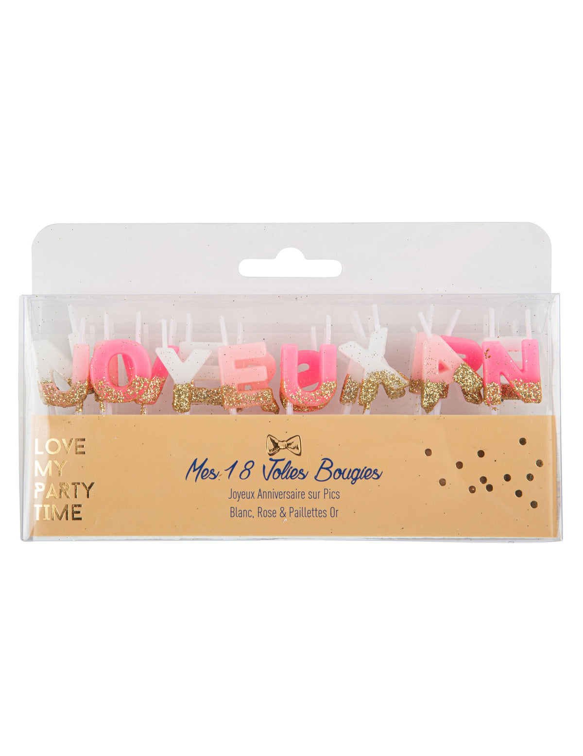 Bougies sur pic Joyeux anniversaire pour fête blanc rose et paillettes or