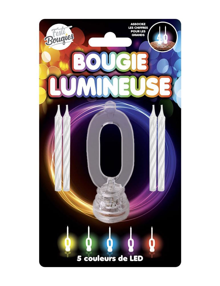 Bougie lumineuse LED chiffre 0 pour anniversaire à 5 couleurs changeantes