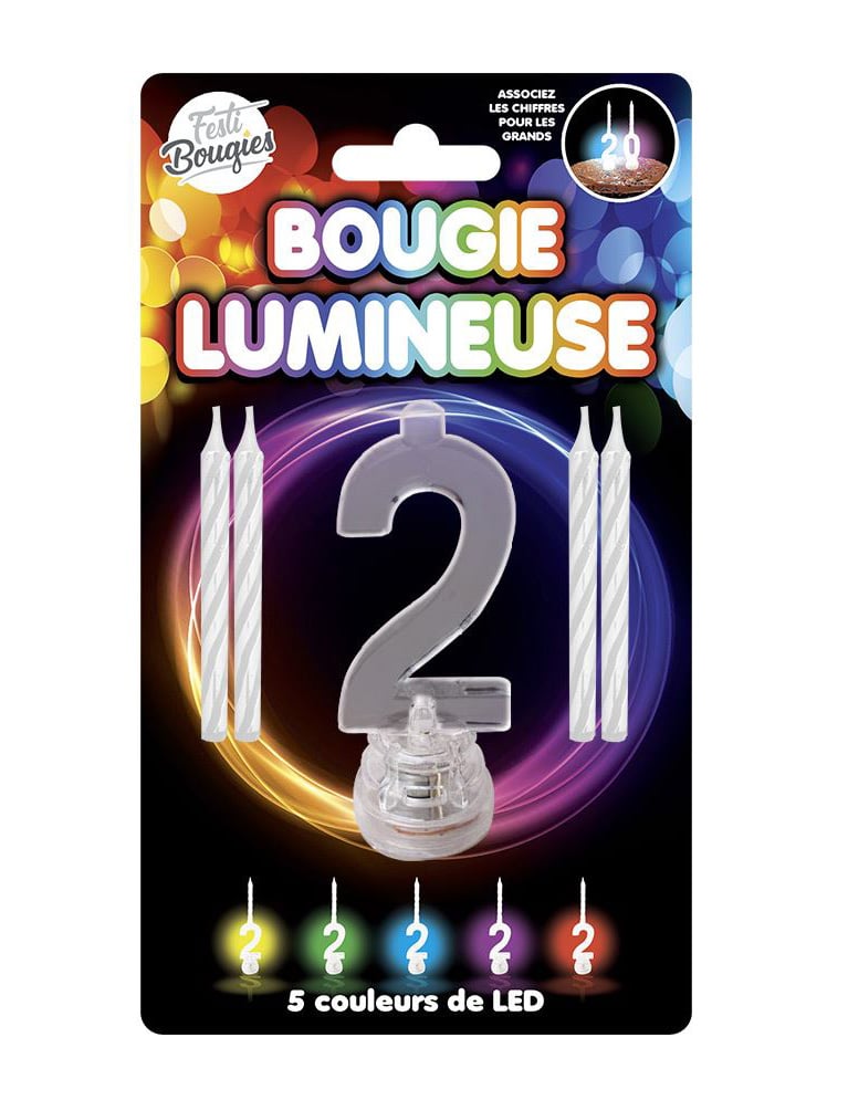 Bougie lumineuse LED chiffre 2 pour anniversaire avec 5 couleurs de LED