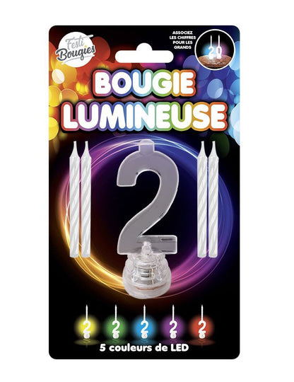 Bougie lumineuse LED chiffre 2 pour anniversaire avec 5 couleurs de LED