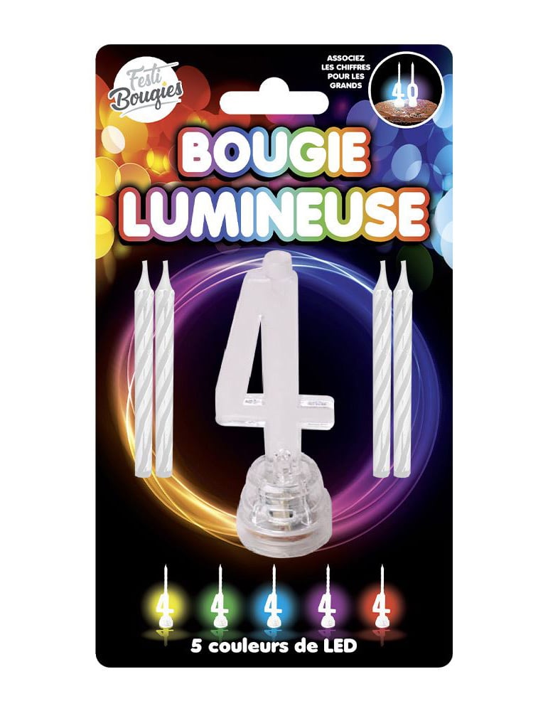 Bougie lumineuse LED chiffre 4 pour anniversaire avec 5 couleurs de LED