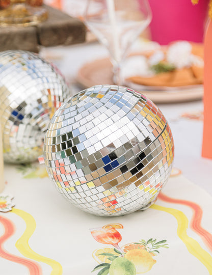 Függőző tükrös üveg diszkógömb, ezüst, 16cm, rakásolható, diszkó dekoráció