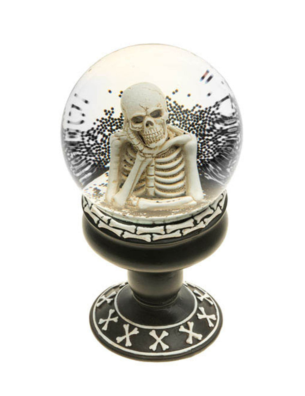 Boule à neige squelette penseur pour décoration d'Halloween noir et blanc en résine