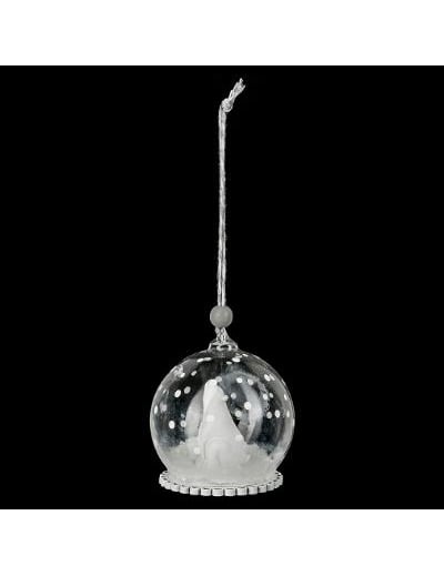 Üveg karácsonyi gömbdísz jegesmedvével 6 cm és hó