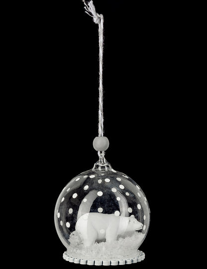 Boule de noël en verre ours polaire avec neige et pois blancs