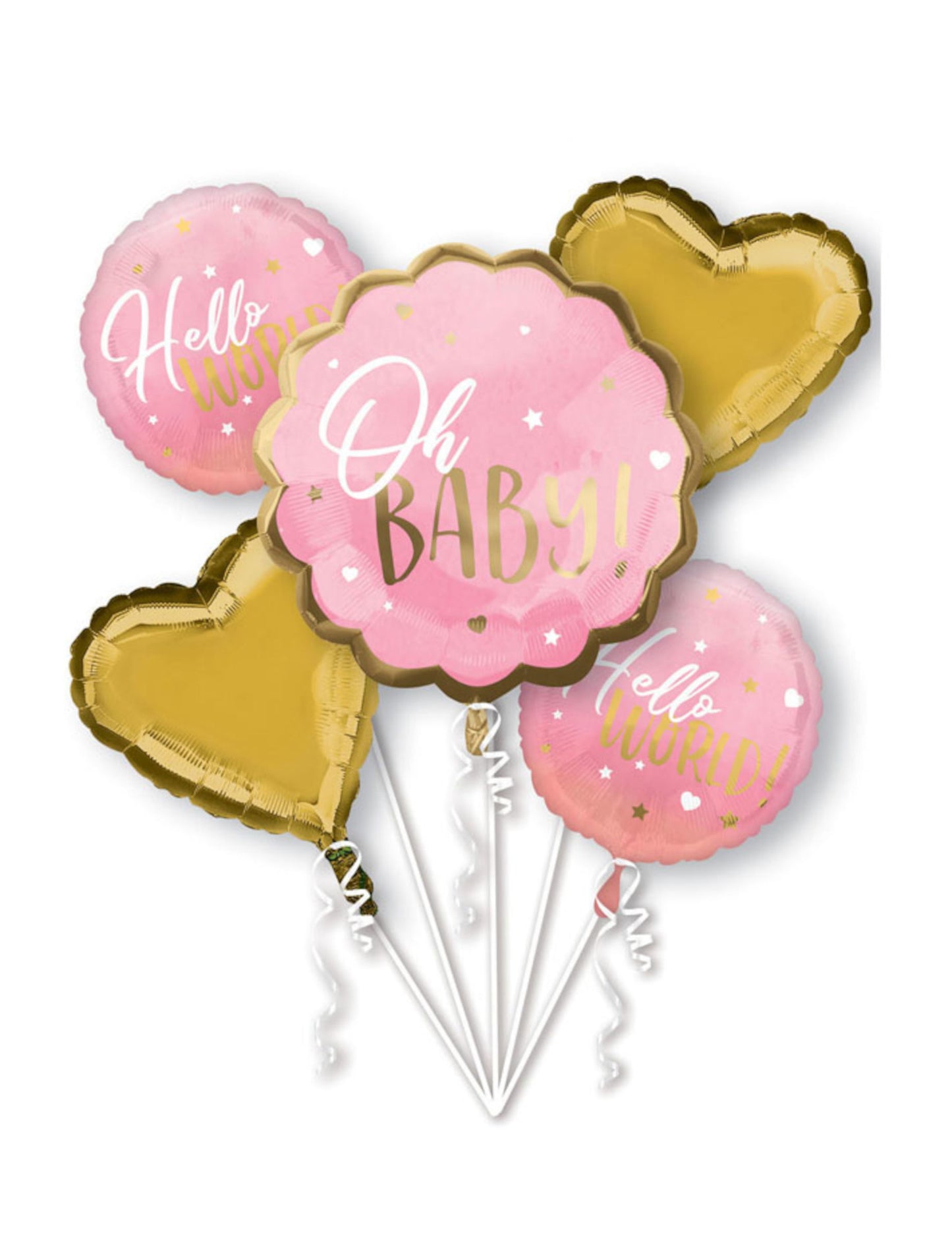 5 db rózsaszín és arany "oh baby" fólia lufi csokor babaváró bulira