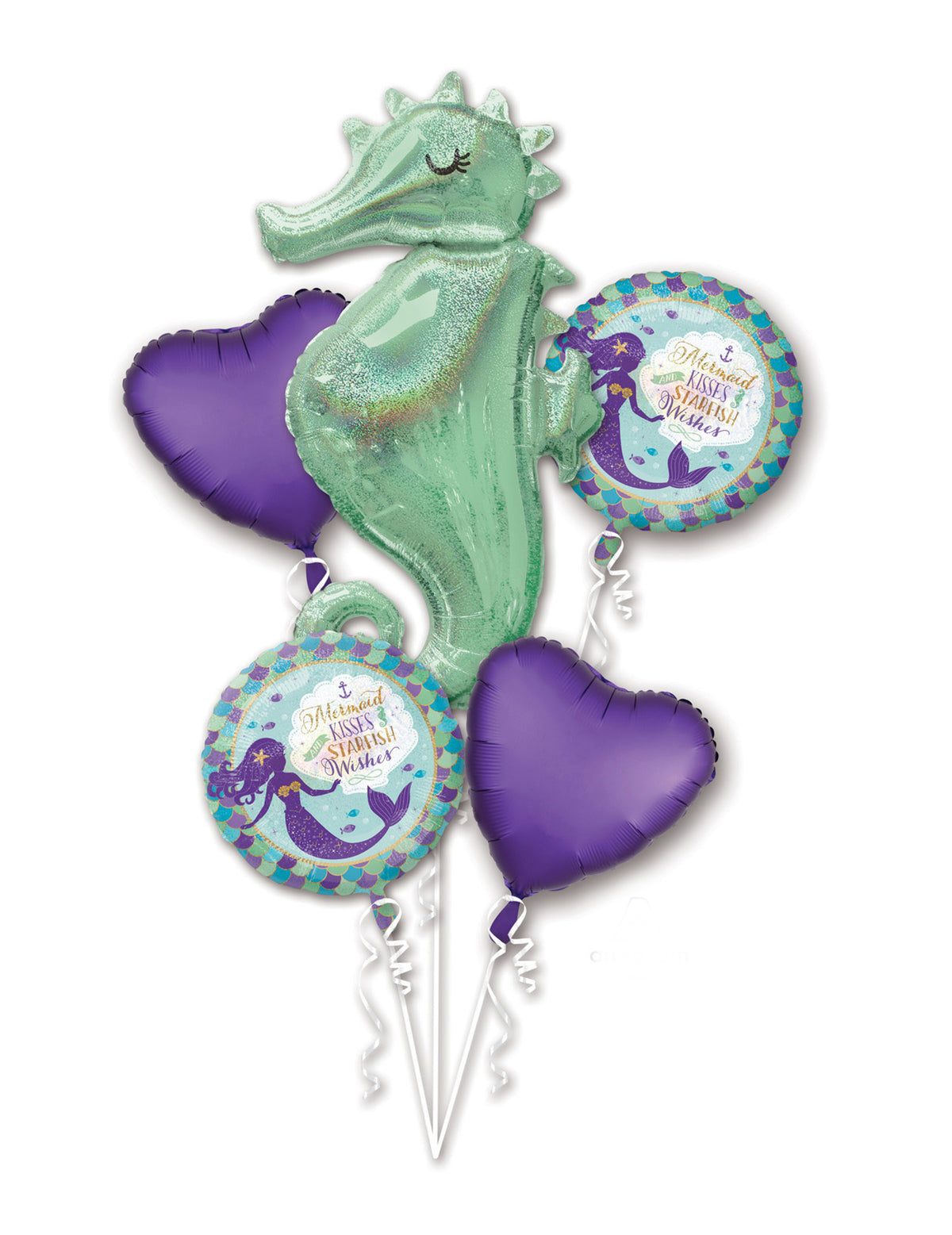 Bouquet de 5 ballons aluminium rêves de sirène pour anniversaire vert et violet avec hippocampe