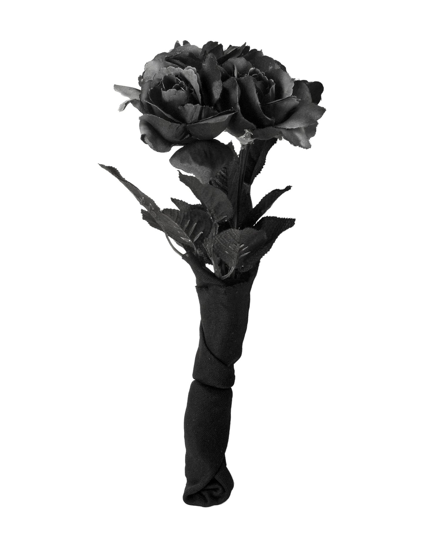 Részlet a fekete szövetbe burkolt szárakról a fekete rózsák csokrában