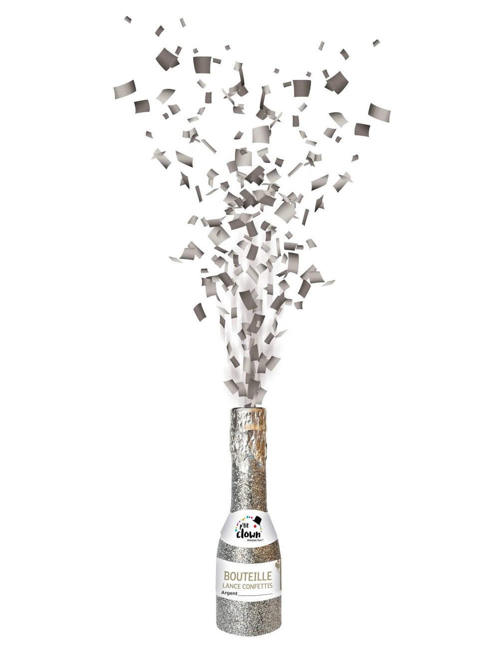 Bouteille canon à confettis pour fête argentée