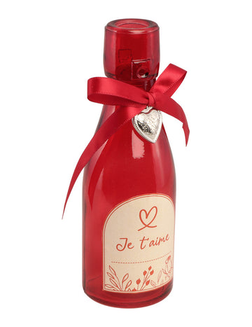 Piros üvegpalack szívvel, 'Szeretlek' felirattal, 16 cm 
