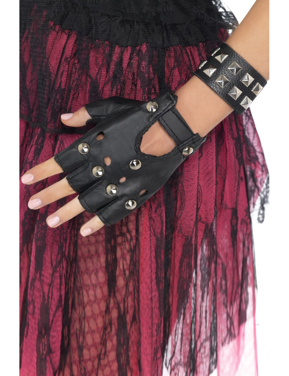 Bracelet punk pour adulte noir à clous pyramidaux argentés