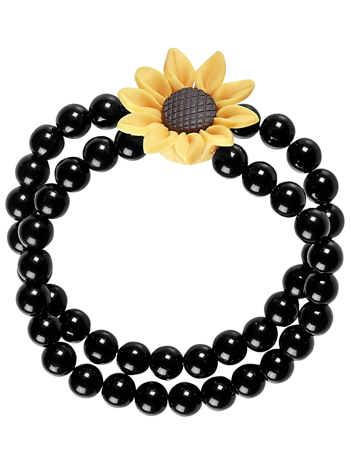 Bracelet perles tournesol hippie pour adulte noir avec fleur jaune
