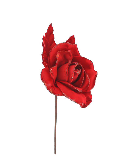 Branche de rose velours pailleté rouge 21 cm